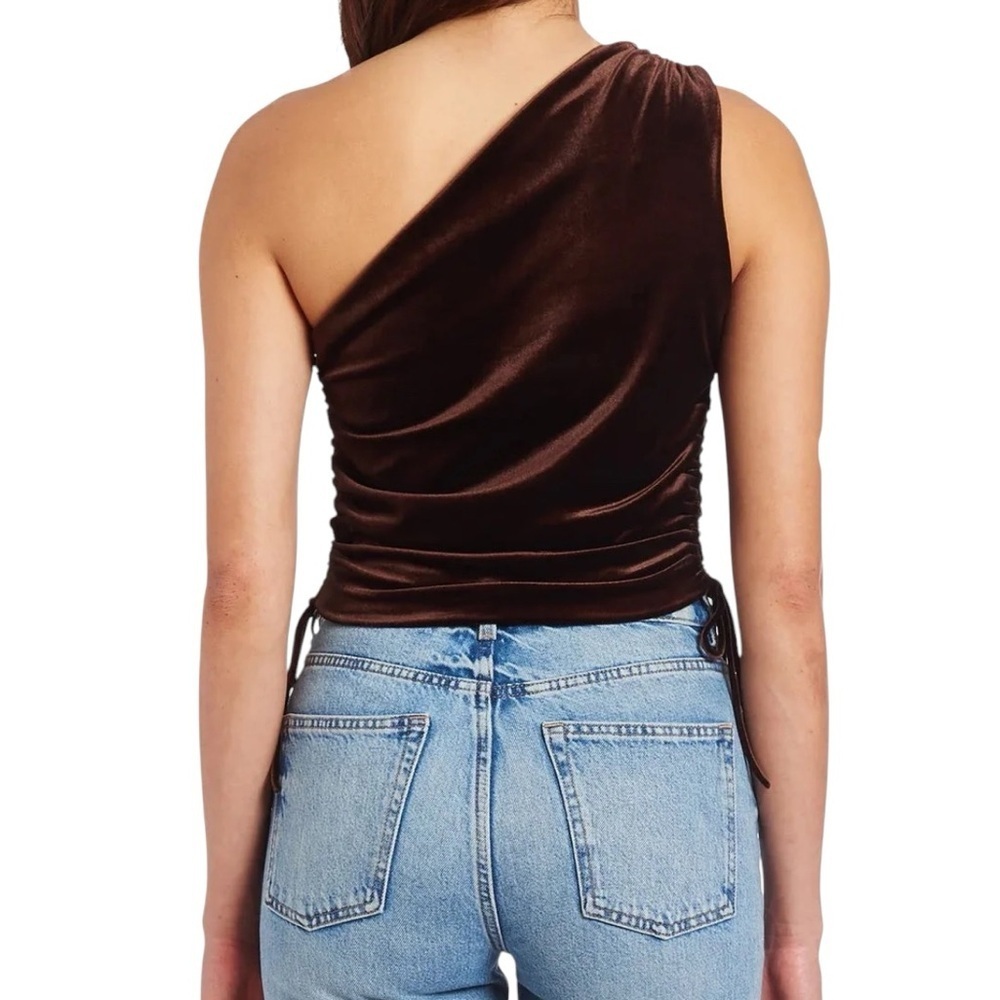 Amanda Uprichard Ania Brown Velvet One Shoulder Top XS Asymmetrical Ruched - Picture 2 of 8